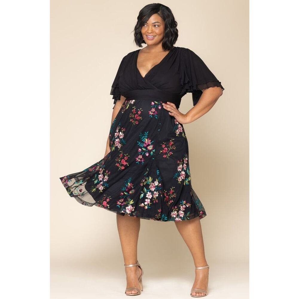 Kiyonna Dress Lillian Style Cocktail Party Embroidered Sze 10 12 Flutter Sleeves